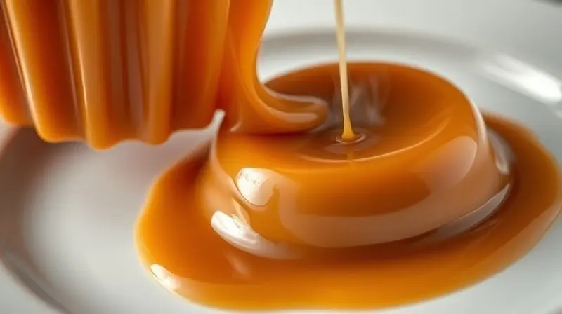 Close-up de um pudim de caramelo sendo desenformado com perfeição de uma forma antiaderente sobre um prato branco, sem grudar.