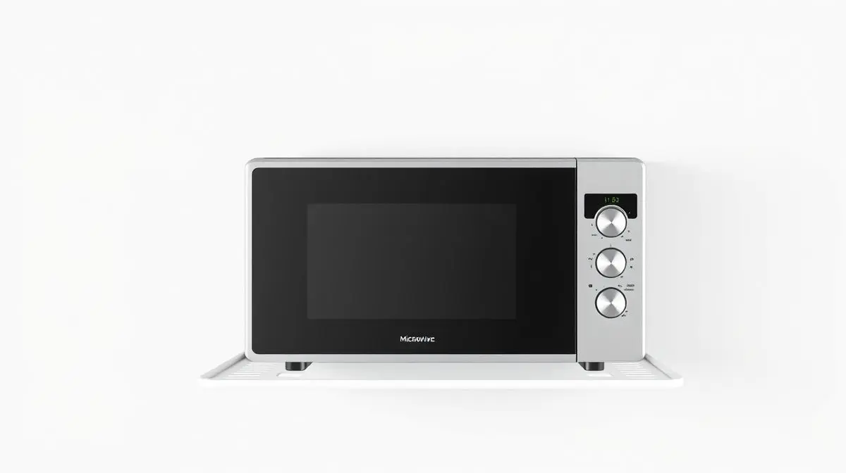 Fotografia profissional de um suporte de parede branco e moderno para micro-ondas, ilustrando os melhores modelos do mercado para organizar a cozinha.