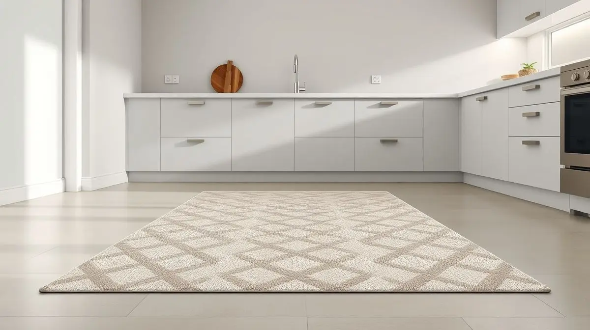 Fotografia profissional de um tapete para cozinha moderno e elegante, estilo passadeira, em um ambiente de cozinha claro e bem iluminado.