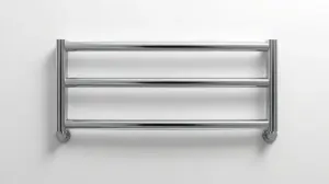 Toalheiro de metal com acabamento cromado moderno, instalado em uma parede de banheiro minimalista, representando os melhores toalheiros para comprar.