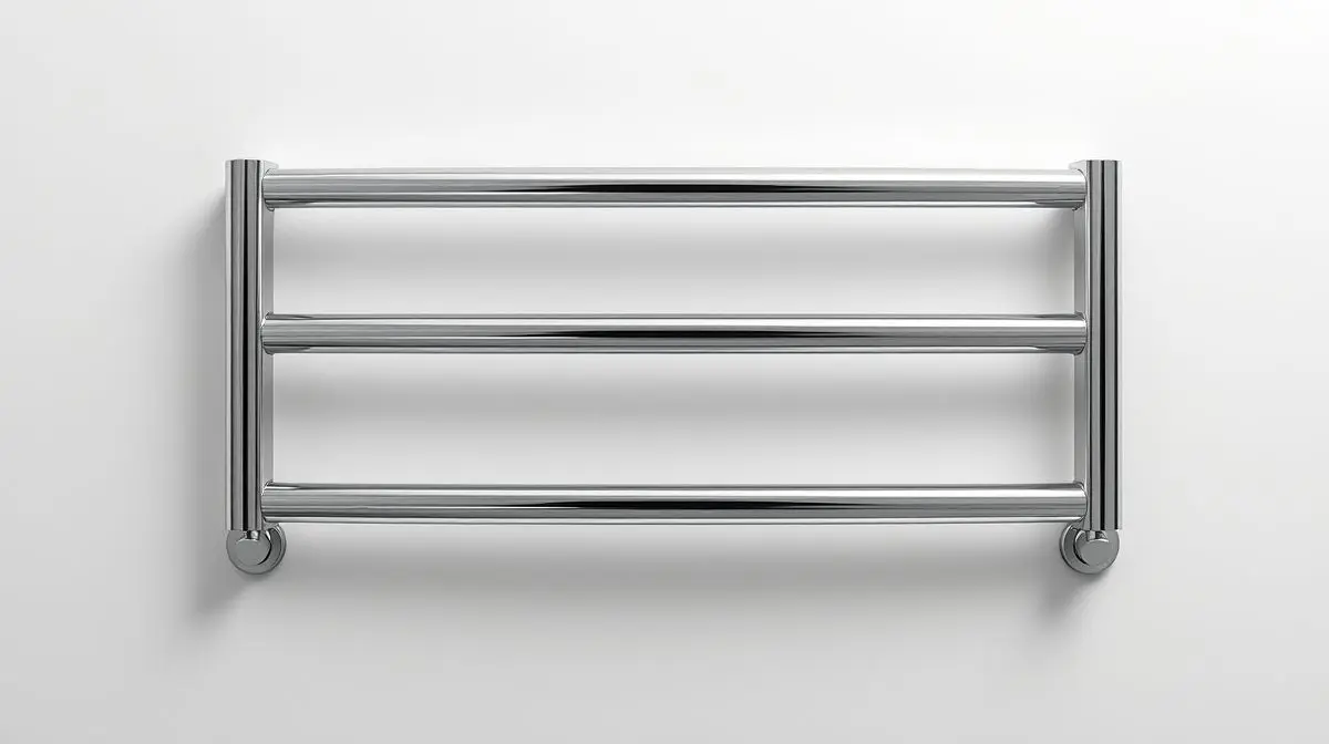 Toalheiro de metal com acabamento cromado moderno, instalado em uma parede de banheiro minimalista, representando os melhores toalheiros para comprar.