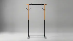 Cabideiro de chão moderno e elegante em madeira e metal, representando os melhores cabideiros para comprar, com design minimalista em um fundo neutro.