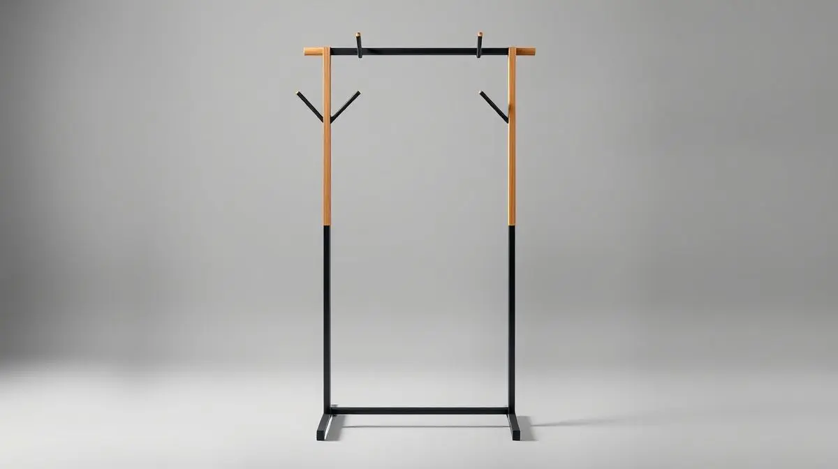 Cabideiro de chão moderno e elegante em madeira e metal, representando os melhores cabideiros para comprar, com design minimalista em um fundo neutro.