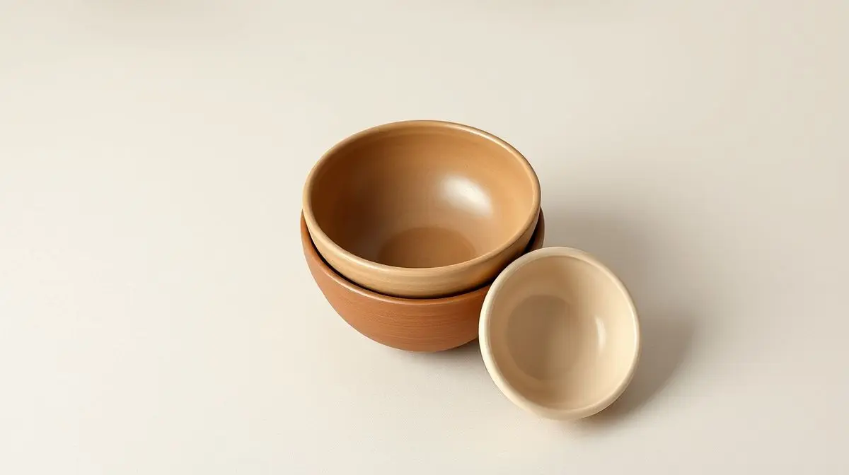 Uma pilha perfeitamente alinhada de três bowls de cerâmica em tons neutros, representando os melhores conjuntos de bowls e tigelas para a cozinha moderna.