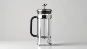 Uma prensa francesa de vidro e aço inoxidável, elegante e sem marca, em destaque para um guia de compra das melhores opções do mercado.