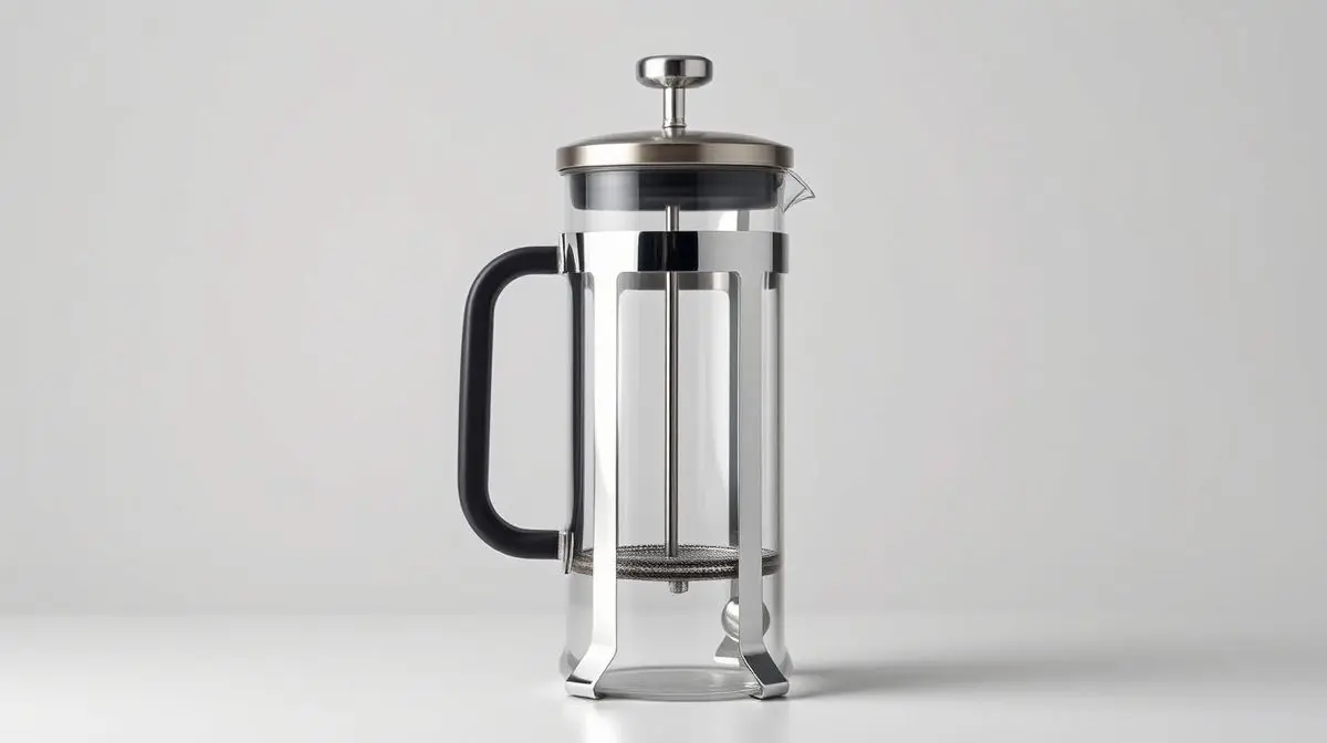 Uma prensa francesa de vidro e aço inoxidável, elegante e sem marca, em destaque para um guia de compra das melhores opções do mercado.