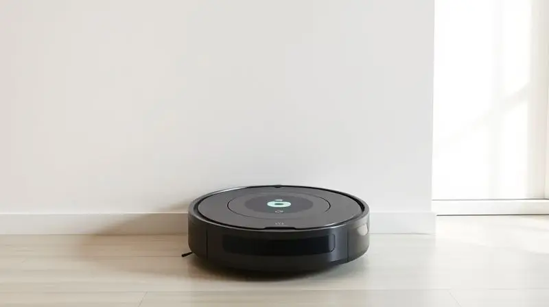 Robô aspirador moderno retornando à sua base de carregamento de forma autônoma em um ambiente minimalista e bem iluminado.