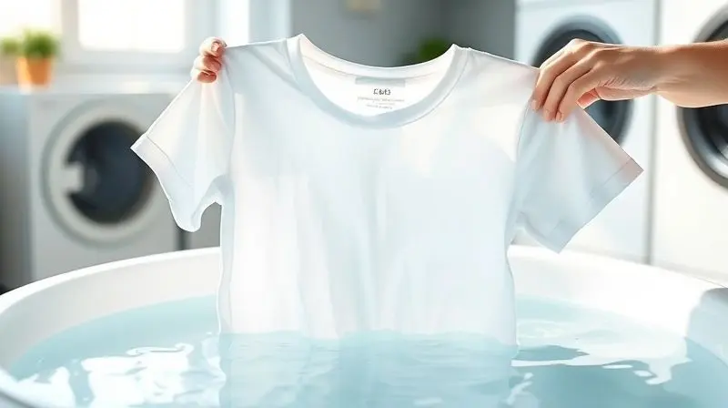 Uma camiseta branca impecável sendo retirada de um balde com água, simbolizando a ação de limpeza e branqueamento de um alvejante.