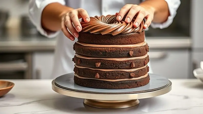 Confeiteiro profissional utilizando uma bailarina para bolo para aplicar cobertura de forma uniforme e precisa em um bolo de chocolate.