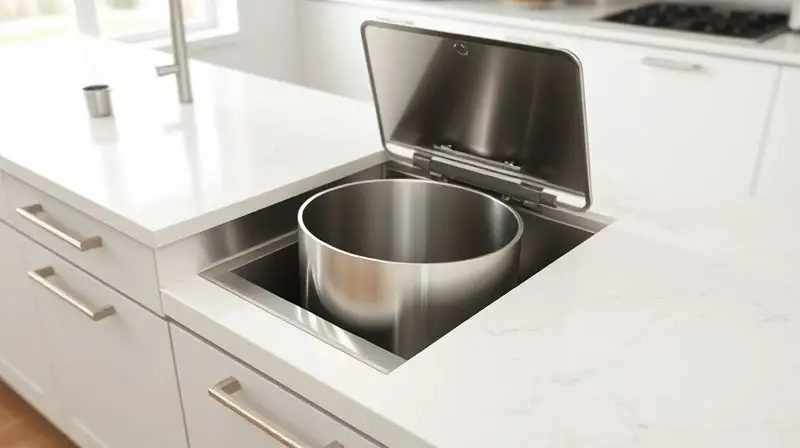 Lixeira de embutir moderna em inox instalada em uma bancada de quartzo branco, demonstrando sua integração e design discreto na cozinha.