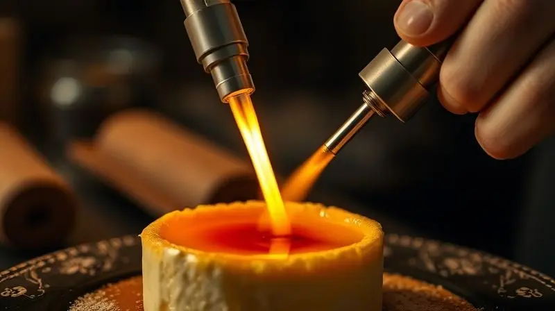 Chef utiliza um maçarico culinário para caramelizar com precisão a cobertura de açúcar de um crème brûlée em uma cozinha.