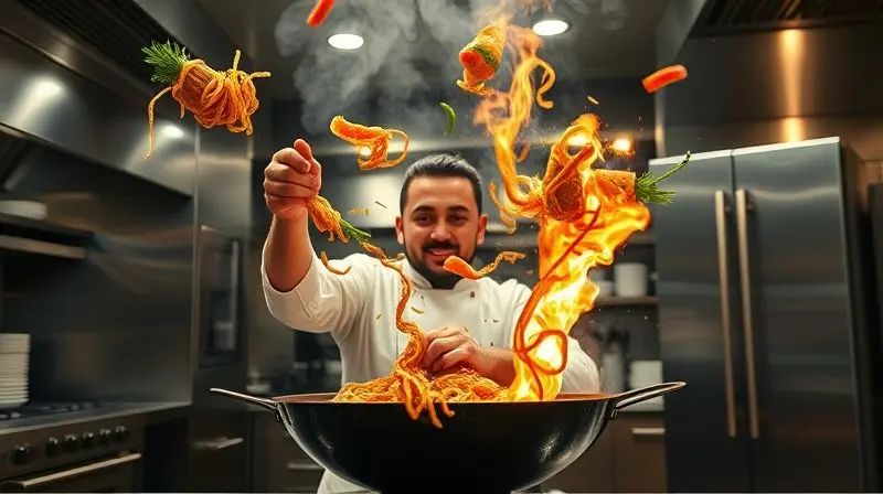 Chef profissional cozinhando legumes coloridos e macarrão em uma panela wok com vapor e chamas, demonstrando o uso do utensílio.