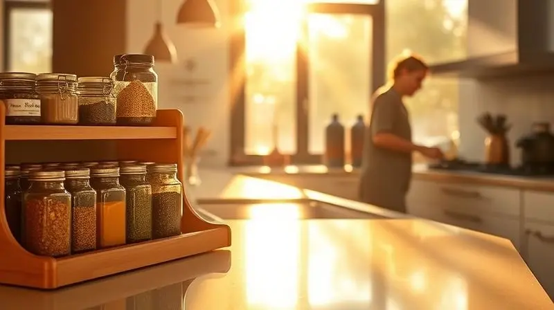 Cozinha moderna e organizada com um porta-temperos elegante na bancada, demonstrando a praticidade de ter temperos sempre à mão.