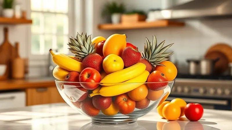 Uma fruteira moderna sobre uma bancada de cozinha, cheia de frutas frescas e coloridas, ilustrando os benefícios de ter o item em casa.