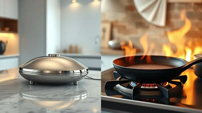 Montagem comparando uma omeleteira elétrica moderna à esquerda e uma omeleteira de fogão tradicional à direita, representando a escolha.