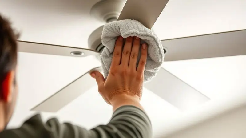 Pessoa realizando a limpeza cuidadosa de uma pá de ventilador de teto com um pano, garantindo a manutenção do aparelho.