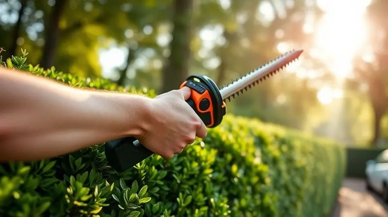 Pessoa utilizando um aparador de cerca viva ergonômico com postura correta, demonstrando o conforto e a leveza do equipamento ao podar um arbusto.