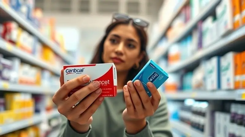 Pessoa indecisa em um corredor de farmácia, segurando e comparando duas caixas de creme dental para escolher a melhor opção.
