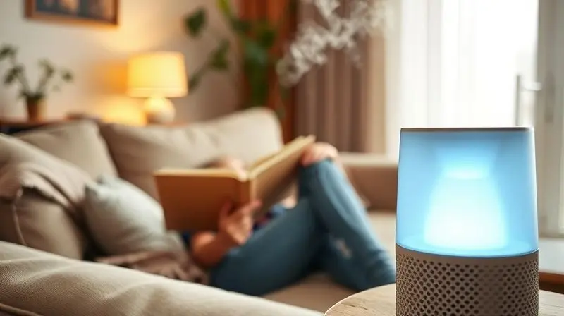 Pessoa relaxa lendo em ambiente confortável com um umidificador de ar ao fundo, simbolizando a escolha perfeita do aparelho.