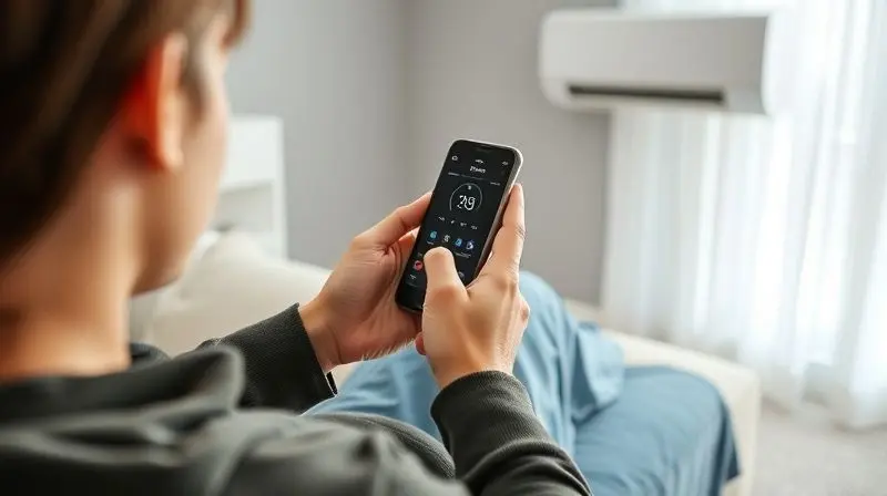 Pessoa usando um aplicativo de celular para controlar as funções de um ar-condicionado inteligente, com o aparelho ao fundo.