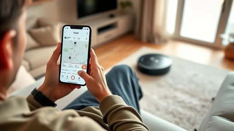 Pessoa no sofá usando um aplicativo de smartphone para controlar um robô aspirador que limpa a sala ao fundo.
