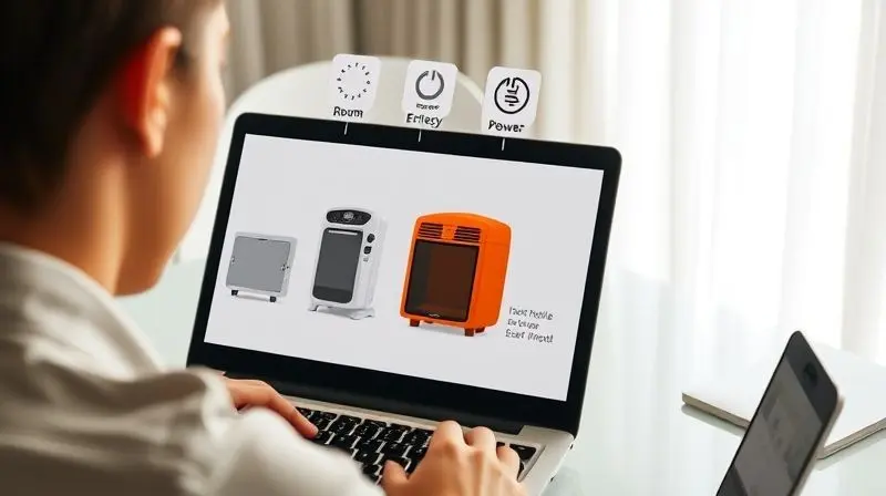 Pessoa em frente a um notebook pesquisando e comparando modelos de aquecedores de ambiente para comprar online.