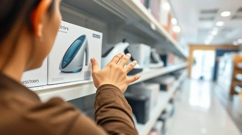 Pessoa em uma loja analisando diferentes modelos de passadeiras a vapor em uma prateleira, prestes a escolher uma.