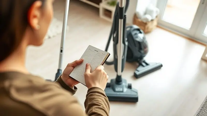 Pessoa em um ambiente doméstico fazendo anotações em um caderno enquanto compara dois modelos de aspiradores de pó.