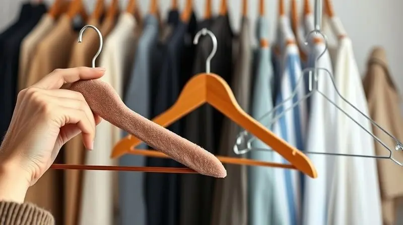 Pessoa vista de costas, analisando e escolhendo entre cabides de veludo, madeira e acrílico em frente a uma arara de roupas.