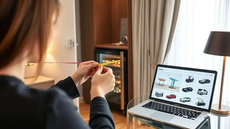 Pessoa medindo um espaço vago em um quarto para escolher o tamanho de frigobar ideal, com um notebook ao lado mostrando modelos.