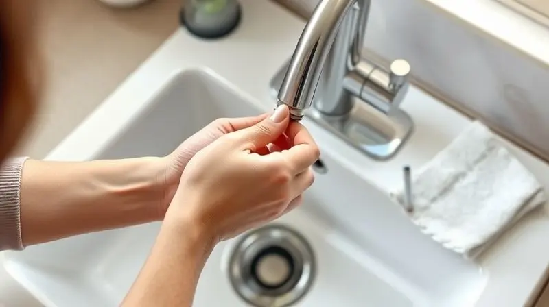 Mãos de uma pessoa realizando a manutenção de uma torneira elétrica, com ferramentas e peças organizadas sobre a bancada.