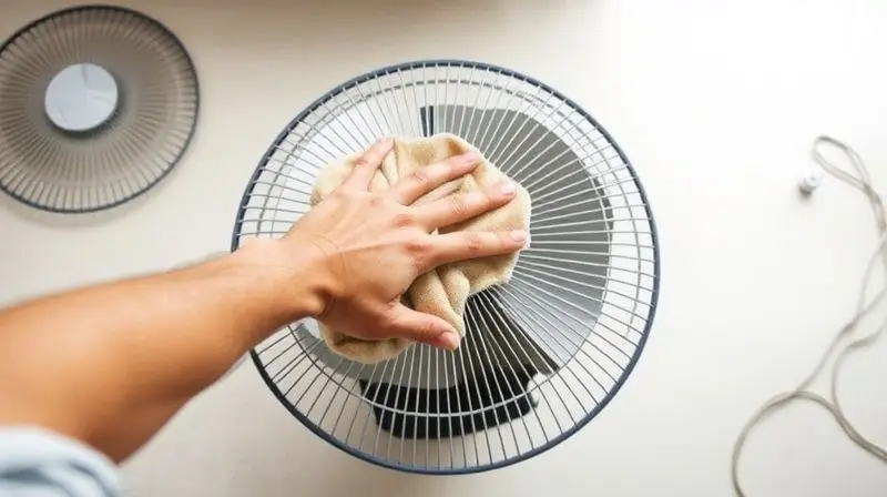 Mãos de uma pessoa limpando cuidadosamente as pás de um ventilador de coluna desmontado com um pano macio, demonstrando a manutenção do aparelho.