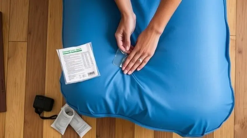 Mãos aplicando um adesivo de reparo de um kit em um pequeno furo localizado em um colchão inflável azul.