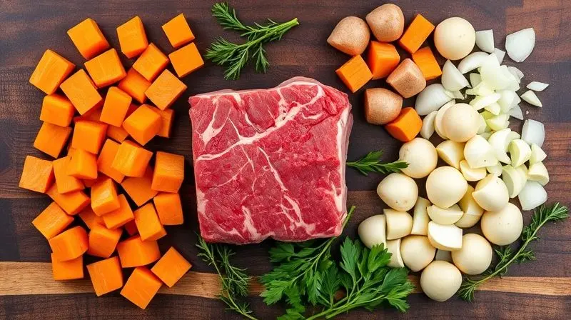 Ingredientes para carne de panela, como cubos de carne e legumes picados, organizados sobre uma tábua de madeira rústica.