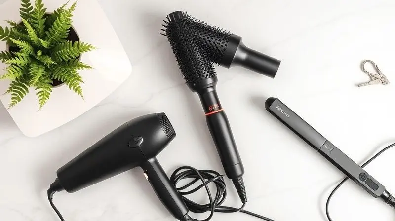 Visão de cima de várias ferramentas de cabelo, incluindo uma escova rotativa, dispostas em uma bancada de mármore branco.