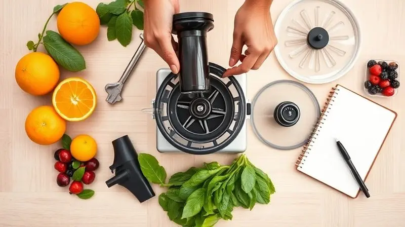 Pessoa analisando as peças de uma centrífuga desmontada em uma mesa, com frutas ao redor, simbolizando o processo de escolha do aparelho.
