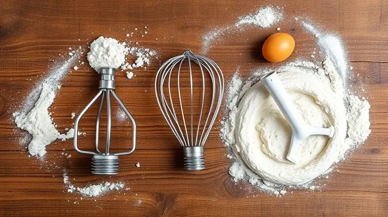 Três batedores de batedeira (gancho, globo e raquete) sobre uma superfície de madeira com ingredientes de confeitaria ao redor.