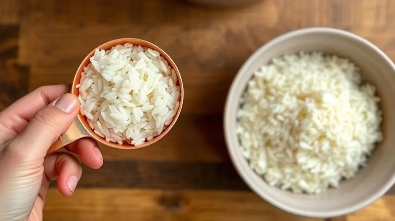 Mão feminina usando um copo medidor para porcionar a quantidade certa de arroz arbóreo em uma tigela de cerâmica.