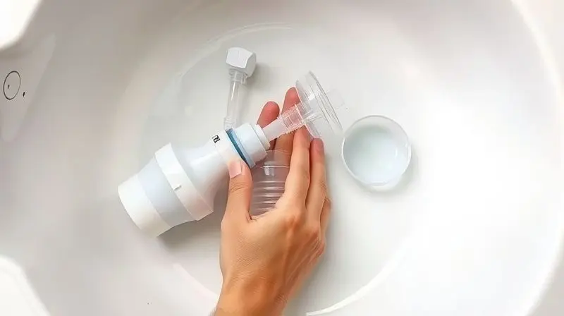 Overhead shot of a person's hands carefully cleaning the components of a disassembled nebulizer (mask, tube, medicine cup) in
