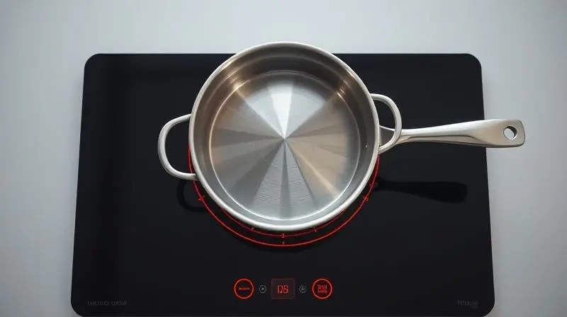 Panela de inox sobre um fogão de indução moderno e preto, com os círculos de aquecimento acesos em vermelho.