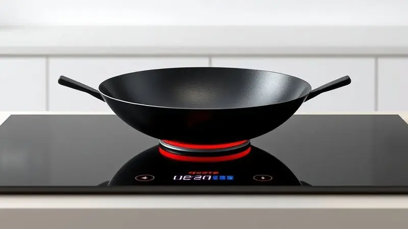 Uma panela wok de fundo plano sobre um fogão de indução moderno e ligado, demonstrando a compatibilidade entre os dois.