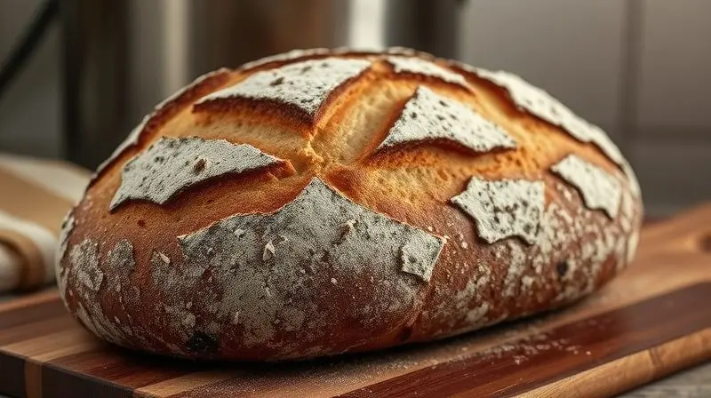 Um pão artesanal de fermentação longa com uma crosta dourada e rústica, evidenciando a qualidade que uma boa máquina de pão pode atingir.