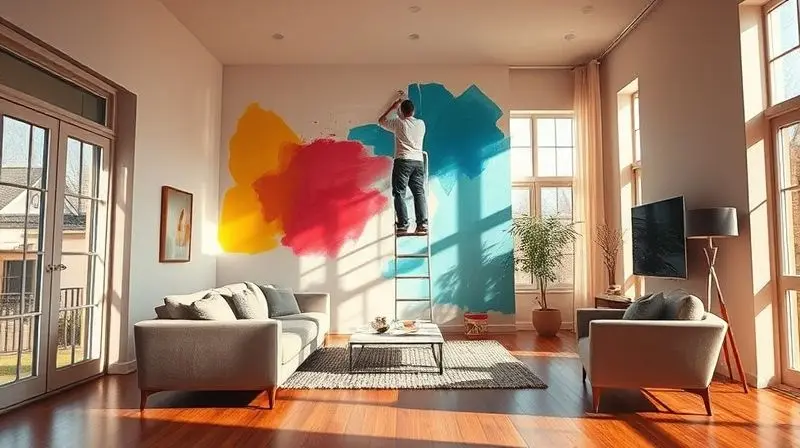 Pessoa usando uma escada articulada em formato de andaime para pintar uma parede alta dentro de casa, demonstrando a versatilidade do produto.