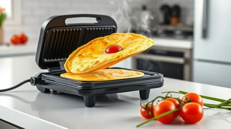 Omelete dourado e fofo sendo retirado de uma omeleteira elétrica preta, com tomates e cebolinha ao lado em uma bancada de cozinha.