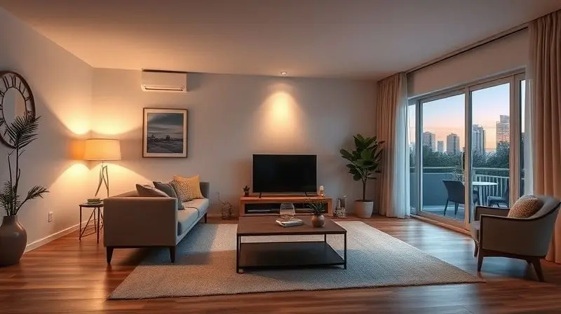 Sala de estar limpa e organizada ao anoitecer, com iluminação suave, transmitindo uma sensação de paz e dever cumprido.