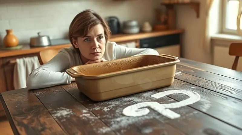 Pessoa com expressão pensativa olhando para uma assadeira sobre a mesa, com um ponto de interrogação feito de farinha ao lado.