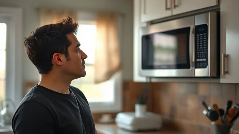 Pessoa pensativa em uma cozinha, planejando a instalação de um suporte para micro-ondas e considerando as dúvidas frequentes sobre o processo.