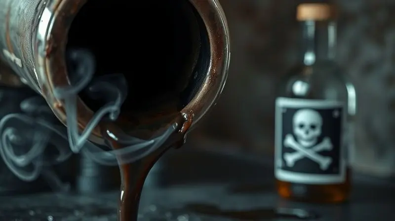 Imagem conceitual mostrando um cano de metal corroído e vazando, simbolizando os perigos e danos causados pelo uso de produtos químicos inadequados.