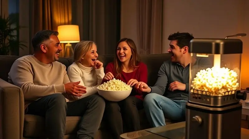 Família sorrindo no sofá com um balde de pipoca, assistindo a um filme em uma sala com iluminação aconchegante.