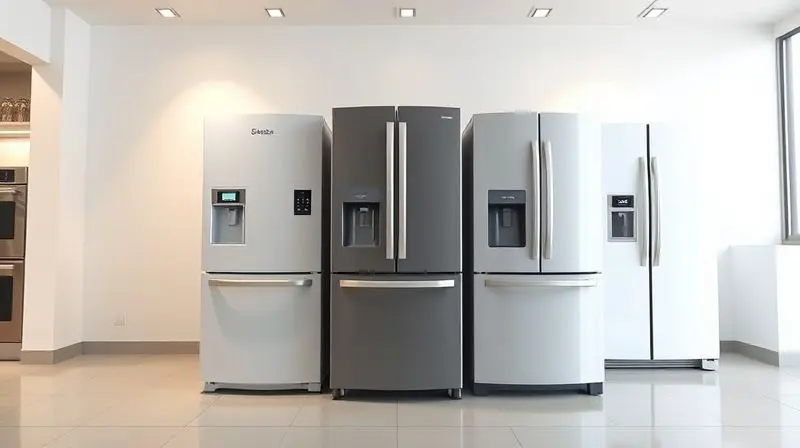 Photorealistic art style, a bright and modern showroom displaying three types of refrigerators side-by-side: a classic top-fr